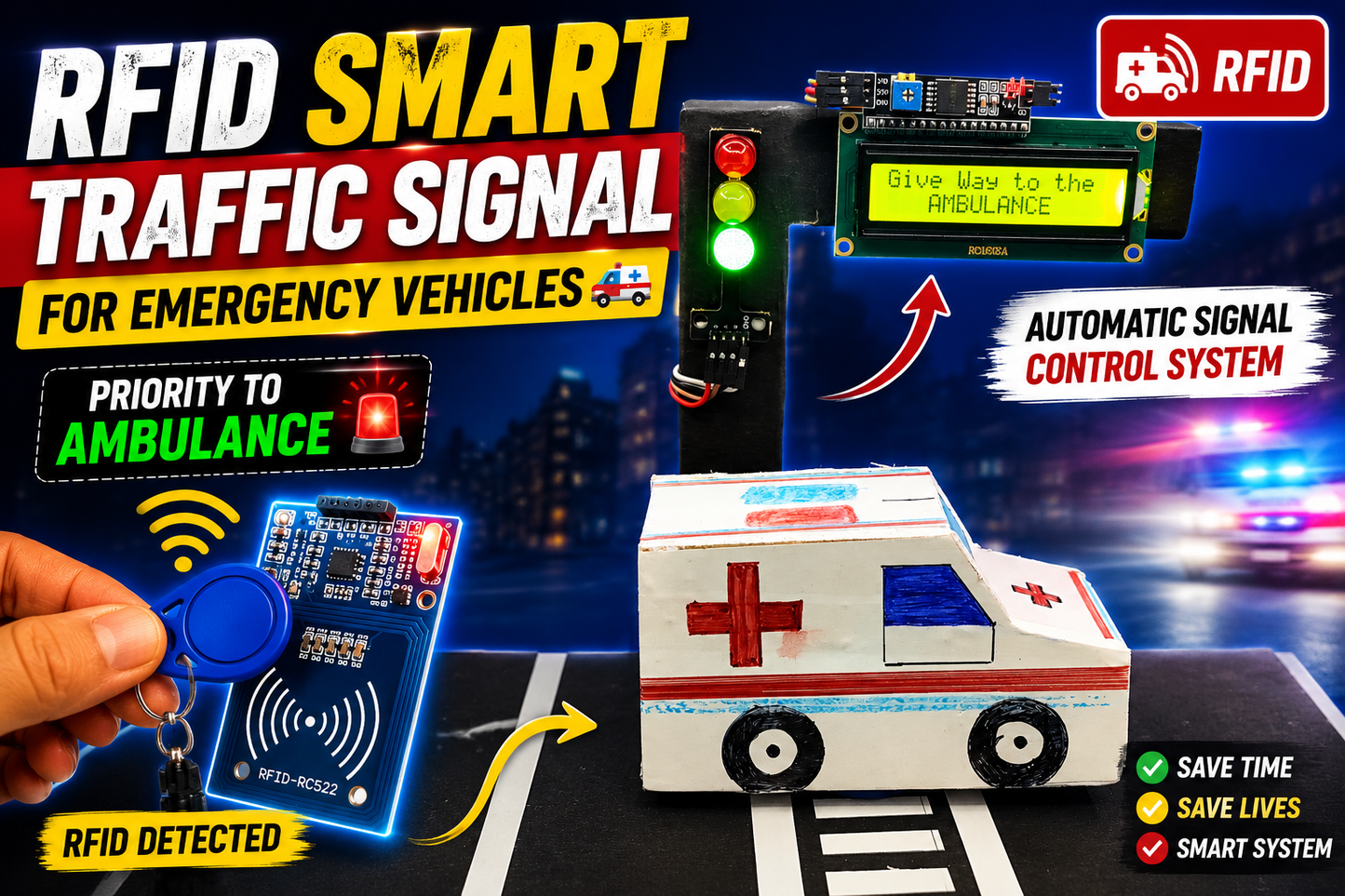 RFID Smart Traffic Signal for Ambulance kit | Arduino Based Emergency Vehicle project kit